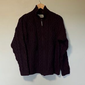 Aran Crafs 100% Merino Wool Men's Cable Knit Sweater Full Zip Cardigan - Purple